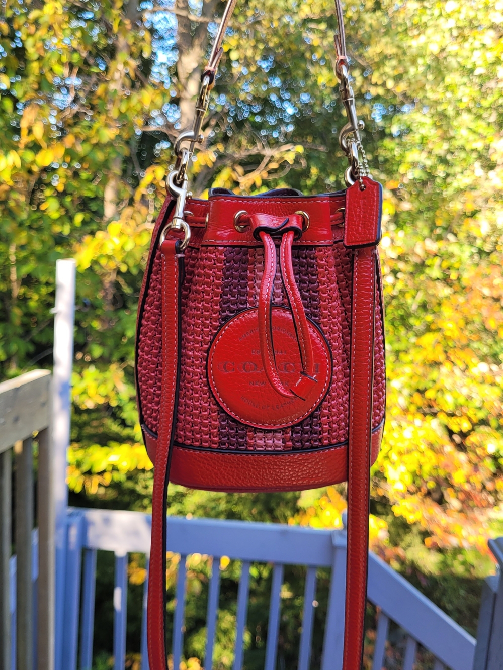 Coach Mini Dempsey Red Woven Drawstring Bucket Bag